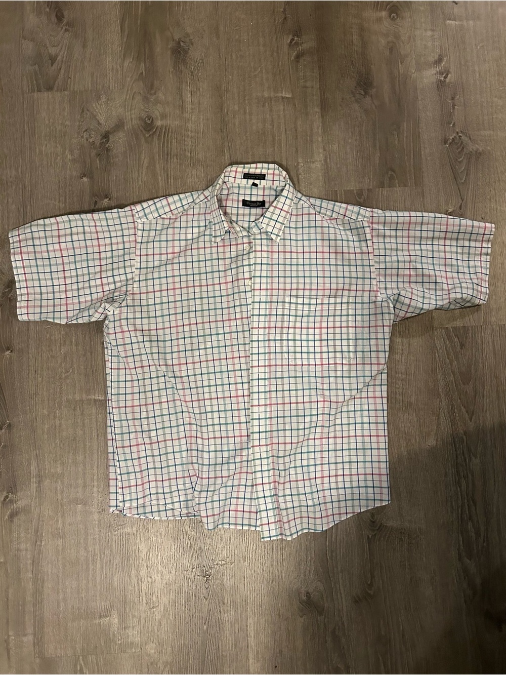 Christian Dior White Short Sleeve Plaid Button-Down Shirt Blue Green Grid XL
